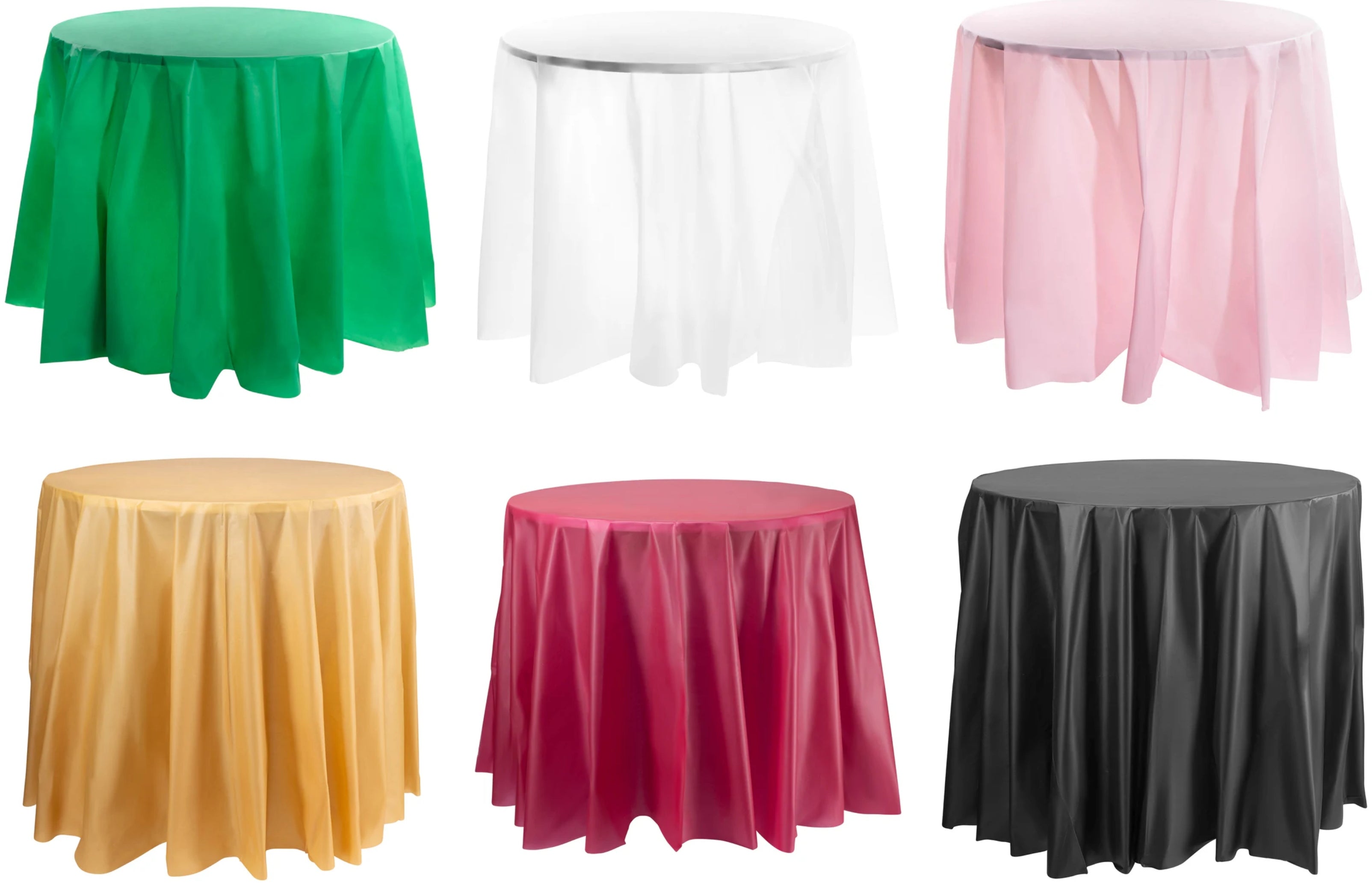 Disposable tablecloths in various colors for round tables.