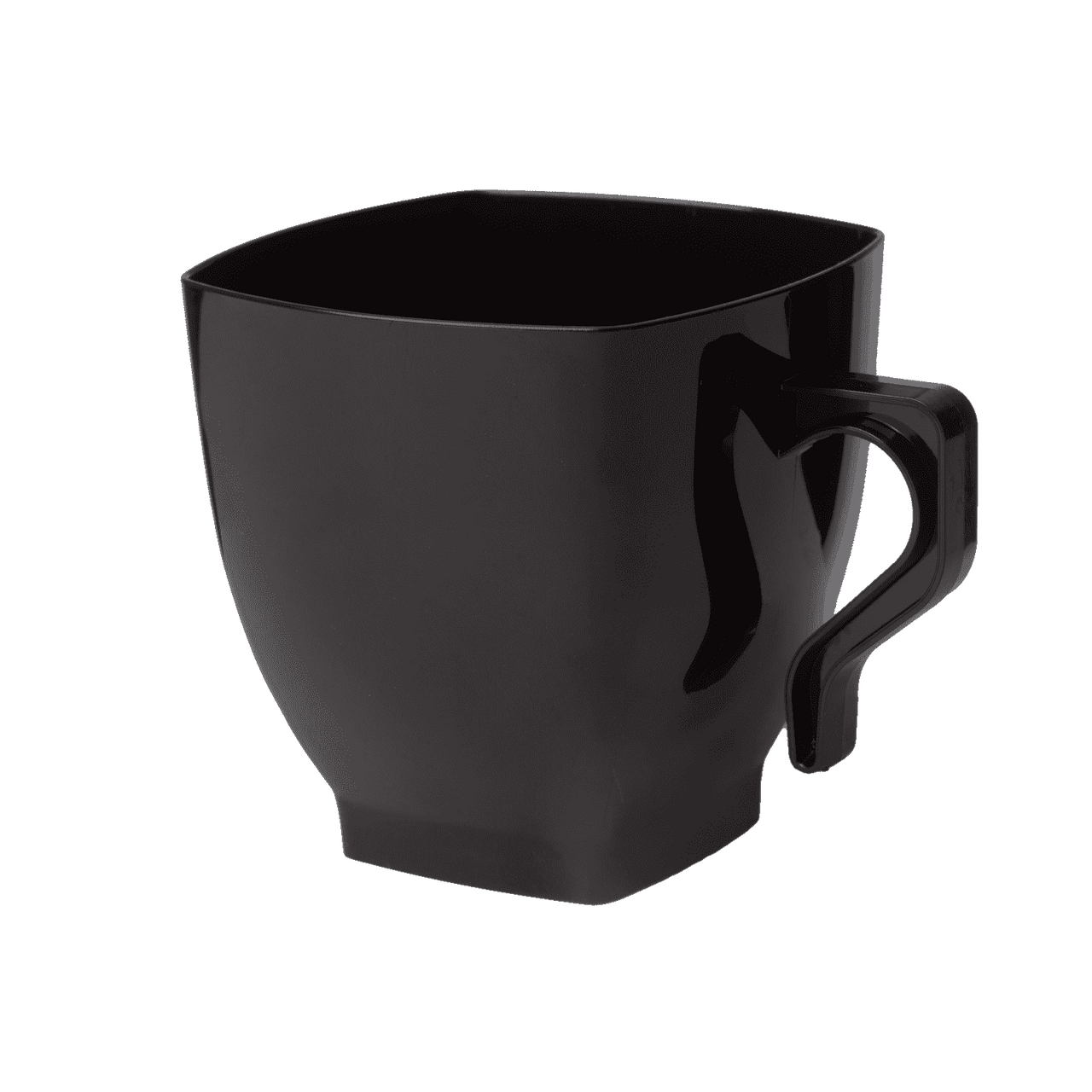 A black, square-shaped mug with a curved handle. The mug has a matte finish and is empty. The design is modern and minimalist. The background is plain and contrasts with the dark color of the mug.