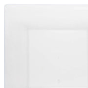 A close-up image of a Clear Square Plastic Dinner Plate (10.75") with slightly raised edges. The plate, resembling elegant wedding plates with a simple, smooth, and glossy finish, is positioned on a plain white background.