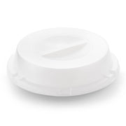 The 9" Clear Round Plate Disposable HIPS Dome Short Lids from Kaya Collection are white, round plastic lids featuring flat tops and raised edges. Made of high-impact polystyrene, these lids include a small, centered handle design for easy removal. They appear clean and unused, making them ideal for efficiently sealing containers.