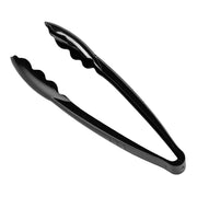 The 9" Black Disposable Plastic Serving Tongs are perfect for catering events, featuring a sleek, simple design with scalloped edges suitable for gripping and serving food items. Their slightly angled shape ensures better handling and control, allowing for an elegant presentation.