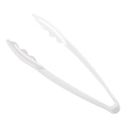 The Kaya Collection 9" White Disposable Plastic Serving Tongs feature a scalloped gripping end and an ergonomic grip for easy handling, making them perfect for catering parties. Their simple, sleek design makes them appear lightweight and practical for any occasion.