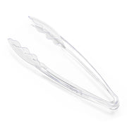 The 9" Clear Disposable Plastic Serving Tongs from Kaya Collection feature a BPA-free construction and a scalloped grip design. Photographed against a plain white background, these clear tongs demonstrate their straightforward and functional design, making them ideal for effortlessly handling food items.