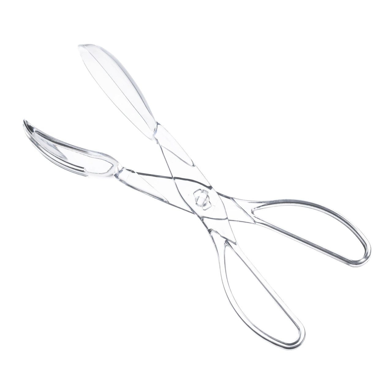 A pair of Clear Disposable Plastic Serving Salad Scissor Tongs by Kaya Collection, featuring a scissor-like design with two looped handles and curved, spoon-like ends for gripping food items. The salad scissor tongs are displayed against a plain white background.