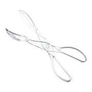 A pair of Clear Disposable Plastic Serving Salad Scissor Tongs by Kaya Collection, featuring a scissor-like design with two looped handles and curved, spoon-like ends for gripping food items. The salad scissor tongs are displayed against a plain white background.