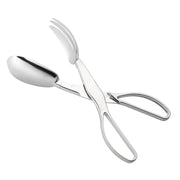 The Silver Disposable Plastic Serving Salad Scissor Tongs feature one end shaped like a spoon and the other like a fork. Designed for convenience, these tongs are made of polished, BPA-free stainless steel and have scissor-like handles for easy gripping.