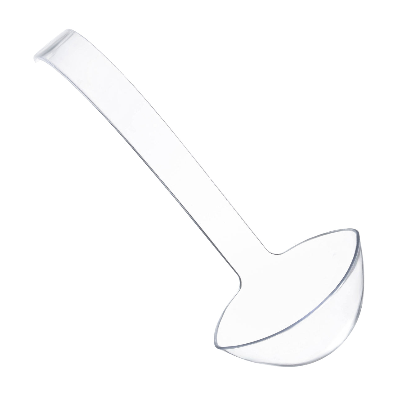 Introducing the Clear Disposable Plastic Large Serving Ladles, featuring a premium hard plastic design with a clear finish. These ladles boast long handles and deep, round bowls, making them perfect for serving soups and liquids. Displayed against a plain white background, these disposable serving ladles offer both convenience and quality.