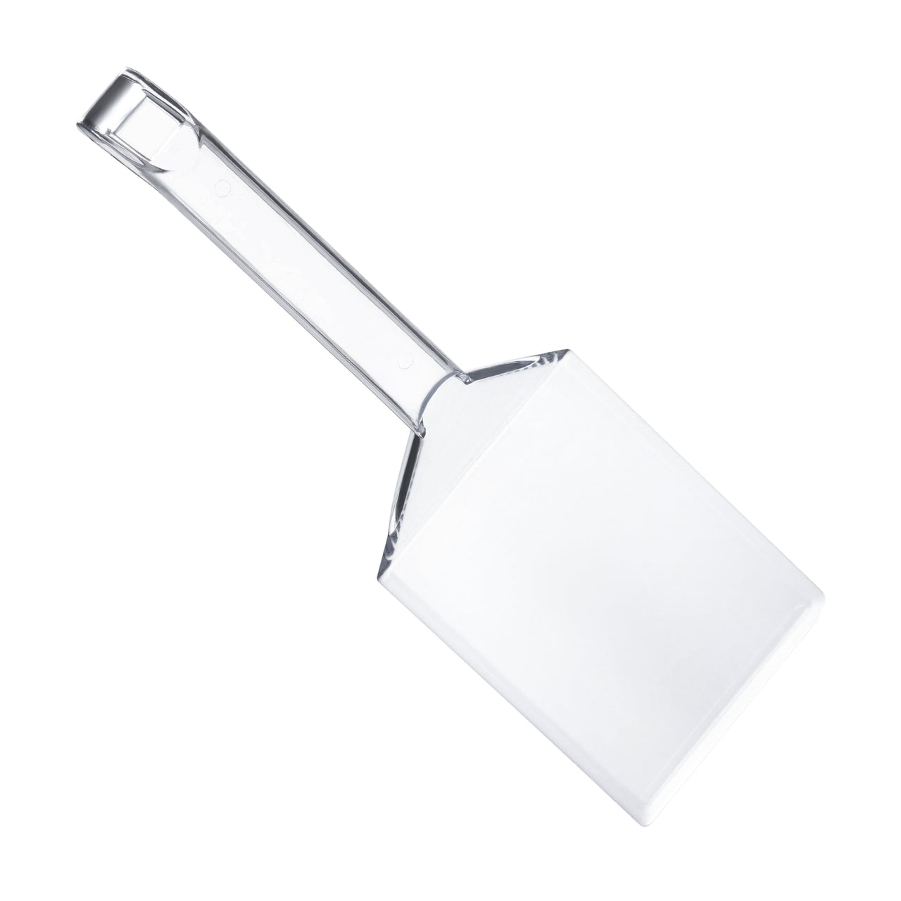 The Clear Disposable Plastic Large Serving Spatulas are translucent, rectangular with a long handle ideal for measuring and transferring dry or wet ingredients. The handle features a hole for hanging, making it convenient among plastic utensils for its clear and smooth design.