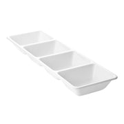 The 16" x 5" white 4-section rectangular disposable plastic trays feature four equally-sized compartments arranged in a single row. These trays are designed with smooth, slightly rounded edges and a glossy finish, ideal for serving or organizing small portions of food or condiments.