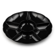 The Black Big 6-Partition Round Disposable Plastic Trays are black, circular serving trays with a scalloped edge and five compartments surrounding a central dip area. Their simple yet elegant design makes them perfect for holding various snacks or appetizers.