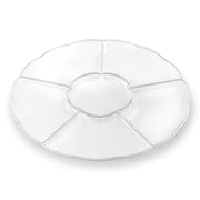 The Clear Big 6-Partition Round Disposable Plastic Tray features six divided compartments and a central circular section, perfect for separating various snacks or dishes. Ideal for formal occasions, this large tray is made from disposable plastic and sits empty against a plain white background.