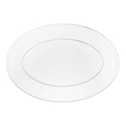 The 16" x 11" Clear Oval Disposable Plastic Tray by Kaya Collection features a smooth surface and a subtle glossy finish. Simple in design, this premium tray has no visible patterns or decorations and comes with an even white background to emphasize its elegant shape and surface.