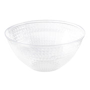 A sophisticated, round disposable plastic bowl from the Kaya Collection, featuring a clear diamond design pattern on its surface. The bowl boasts a smooth rim and a transparent appearance, embodying elegance reminiscent of high-quality glassware while being made from 96 oz. BPA-free plastic material.