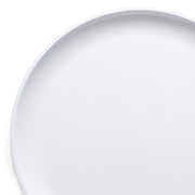 A close-up of a plain 14" White Pavilion Round Disposable Plastic Tray against a white background. The tray appears smooth and clean, with a subtle shadow along the edge giving it a slight three-dimensional effect. Ideal for those seeking simple elegance, these sturdy and durable trays are perfect for any occasion.