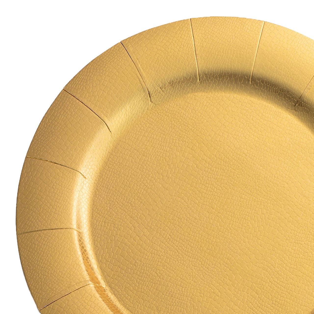 A close-up image of an elegant Gold Round Disposable Paper Charger Plate in a vibrant yellow hue, featuring a textured, slightly embossed pattern. The plate has vertical folding lines around its edge, giving it a scalloped appearance. The plain white background highlights the design, perfect for events and entertaining.