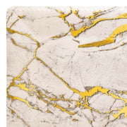 Close-up of a white with gold marble surface, showcasing elegant gold veins and patches. The pattern features a harmonious blend of white, light gray, and intense gold lines and splashes, creating a luxurious and sophisticated look reminiscent of the White with Gold Marble Square Disposable Paper Charger Plates (13"). The corner of the marble piece is visible in the image.