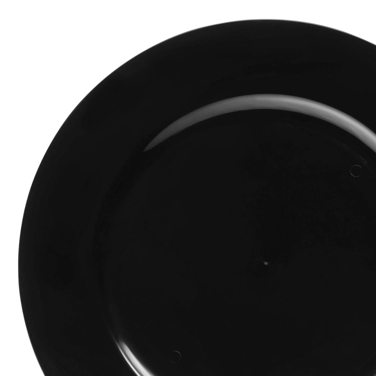 A plain, round, BPA-free Black Round Disposable Plastic Charger Plate (13") with a glossy finish is photographed against a white background. The plate has a slightly reflective surface and is designed to resemble ceramic or plastic.