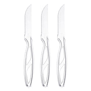 Three identical Clear Disposable Plastic Steak Knives with sleek, ergonomic handles and serrated blades arranged vertically in a row. Boasting modern, open-design handles and polished finishes, these knives offer crystal-clear construction for a stylish addition to your kitchen.