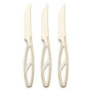 Three identical Gold Disposable Plastic Steak Knives from the Kaya Collection are arranged vertically side by side. Each has a serrated blade and a handle featuring cut-out geometric designs, making them not just functional but also elegant cutlery for any dining setting.