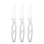 An image featuring three sleek and stylish Silver Disposable Plastic Steak Knives by Kaya Collection showcases modern, open-design handles with serrated blades. The knives, resembling luxurious disposable cutlery, are evenly spaced in a row against a plain white background.