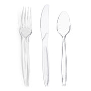 A Clear Disposable Plastic Cutlery Set from Kaya Collection, featuring a fork, knife, and spoon, is arranged side by side on a white background.