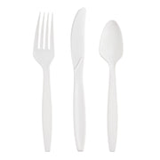 A set of Kaya Collection's BPA-free white disposable plastic cutlery, featuring a fork, knife, and spoon, is positioned vertically and evenly spaced on a plain white background. Ideal for any elegant ceremony or casual gathering.