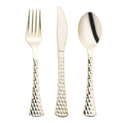 The Kaya Collection offers the Shiny Metallic Gold Glamour Plastic Cutlery Set, which includes 24 spoons, 24 forks, and 24 knives. Each utensil features a textured handle with a honeycomb-like pattern, ideal for adding elegance to your dinner party.