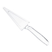 The Kaya Collection's Clear Disposable Plastic Cake Cutter/Lifter features a serrated edge and a triangular blade designed for serving slices of pie or cake. Its ergonomically shaped handle ensures easy gripping, making it perfect for precise dessert presentation against a plain white background.