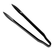 A pair of 12" black disposable plastic serving tongs by Kaya Collection with flat, rounded ends. Simple in design and fully extended, these BPA-free tongs showcase their length and slender construction. Ideal for a catering event, the image background is plain white.