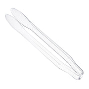 The 12" Clear Disposable Plastic Serving Tongs feature a simple, streamlined design with slightly curved edges, making them ideal for picking up food items with precision. Their lightweight material ensures easy cleaning, making them perfect as premium disposable flatware.