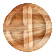 The Kaya Collection Round Palm Leaf 3-Partition Eco Friendly Disposable Dinner Plate (10") features a natural grain pattern and is divided into three sections by raised partitions, forming a 'T' shape for separate food compartments. Made from palm leaf, it boasts a smooth and polished finish.