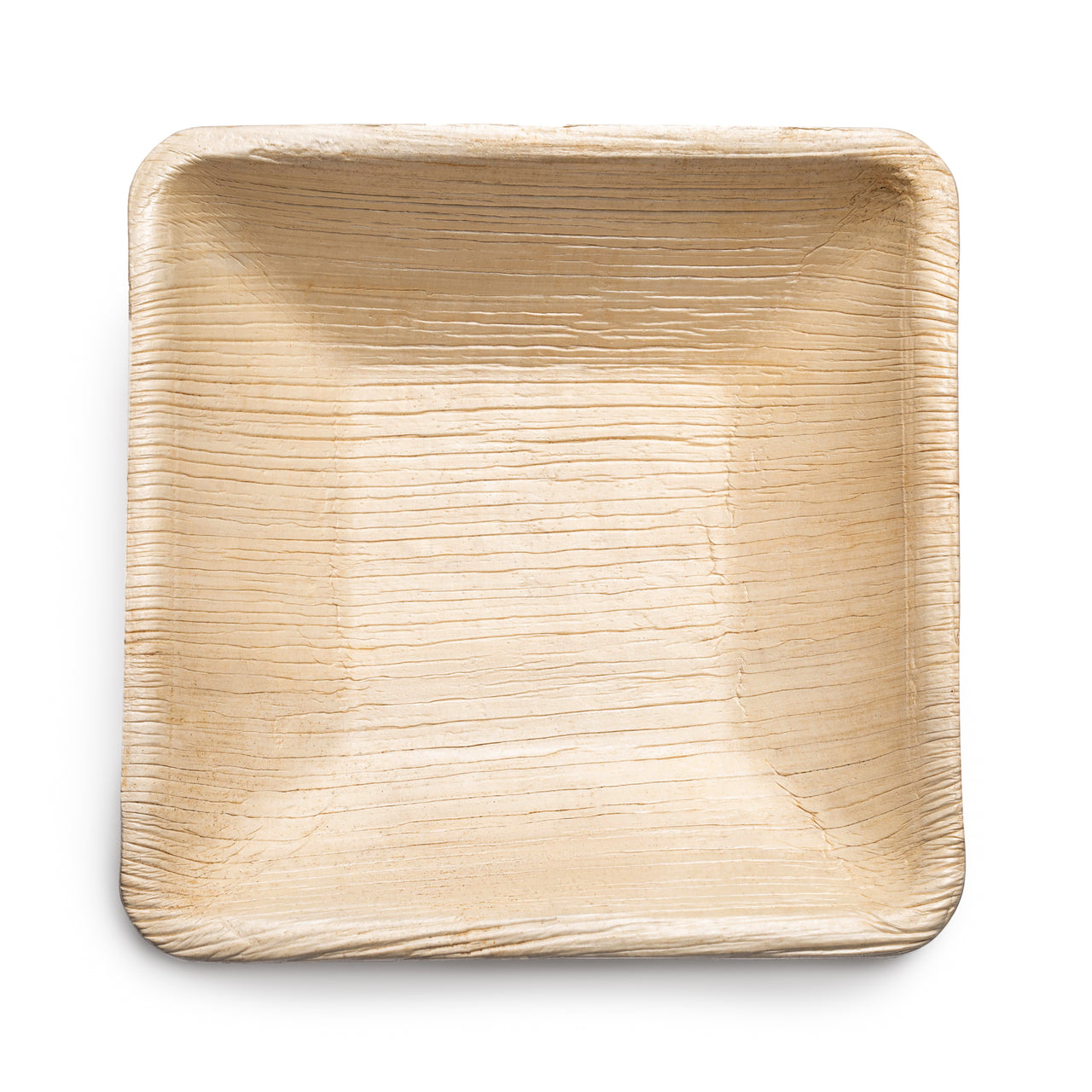 A square beige bowl with a textured, wood-like pattern, seen from a top-down perspective against a white background. The compostable dinnerware item has slightly raised edges and a smooth finish. This product is the Square Palm Leaf Eco Friendly Disposable Soup Bowl (8 oz.).