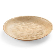 The Round Palm Leaf Eco Friendly Disposable Salad Plate (8") is showcased against a plain white background. This compostable plate features a textured, light brown surface that mimics the look of natural wood grain, crafted from eco-friendly, biodegradable materials.