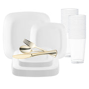 Introducing the Solid White Flat Rounded Square Disposable Plastic Wedding Value Set: A set of stacked white square plates in various sizes, paired with stylish disposable dinnerware including a knife, fork, and spoon. In the background, a collection of clear plastic cups is stacked together—perfect for providing hassle-free service for 20.