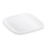 A plain, white, 10-inch Solid White Flat Rounded Square Disposable Plastic Dinner Plate with an elegant square shape and rounded edges is shown against a white background. The plate has a smooth and glossy surface.