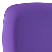 Close-up of a corner of a Purple Flat Rounded Square Disposable Plastic Appetizer/Salad Plate (7.25"). The smooth, vibrant purple surface has a glossy finish that reflects light, with slightly rounded edges. The white background highlights the deep hue of these durable plates.