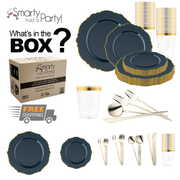 The image showcases the Navy with Gold Blossom Rim Disposable Plastic Tableware Set from Smarty Had A Party, featuring dinner plates with elegant navy blue and gold-rimmed designs, clear cups accented with gold rims, and luxurious gold flatware. There is also an illustration of a shipping box marked with a "Free Shipping" label. Text reads "What's in the BOX?