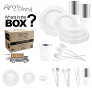 An image showcasing the contents of a Smarty White with Silver Blossom Rim Disposable Plastic Tableware Set box, featuring large and small dinner plates, bowls, salad plates, cups, and utensils including forks, knives, and soup spoons. A "Free Shipping" icon accompanies the text "What's in the Box?".