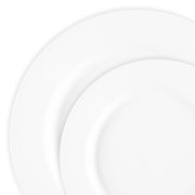 Three overlapping pieces from the Matte Milk White Round Disposable Plastic Dinnerware Value Set by Kaya Collection are arranged against a white background, creating a minimalist and clean appearance reminiscent of elegant ceramic plates.