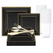 The Black with Gold Square Edge Rim Plastic Wedding Value Set, perfect for a service of 120, features square plates with a sleek black design and gold-edged rims, clear plastic cups, and gold-colored cutlery (fork, spoon, and knife). This elegantly arranged disposable set adds sophistication to any event.