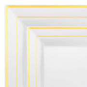 A close-up of three stacked plates from the White with Gold Square Edge Rim Plastic Dinnerware Value Set, showcasing their elegant white design with a delicate gold square edge trim. The plates are arranged largest to smallest from bottom to top, highlighting a portion of each plate against a plain white background.