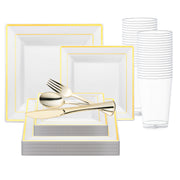 The White with Gold Square Edge Rim Plastic Wedding Value Set includes a set of white plates with gold trim, service for 20. It also features gold-colored plastic cutlery and tall, clear plastic cups. The neatly stacked plates and cups complement the utensils—a fork, knife, and spoon—placed on top. This elegant plastic disposable dinnerware brings sophistication to any event.