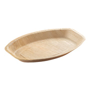 The 11.5" x 7.5" Oval Natural Palm Leaf Eco-Friendly Disposable Trays are compostable and boast a natural wood grain texture and light brown color, making them perfect for serving food at picnics, parties, or outdoor events.