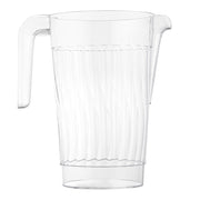 The 52 oz. Clear Round Plastic Disposable Pitcher from Kaya Collection boasts a clear plastic construction with a textured, wavy pattern on its surface. This pitcher is designed with a large handle on one side and a spout on the opposite for easy pouring, making it simple and functional—ideal for serving cold beverages.