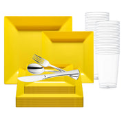 The Smarty Had a Party Yellow Square Plastic Wedding Value Set is a stunning collection of vibrant yellow square plates, metallic finish cutlery (fork, knife, and spoon), and clear plastic cups. With the plates stacked neatly and the cutlery placed on top, this service for 120 is ideal for any large gathering. The set is showcased against a plain white background.