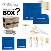 An image showcases the Midnight Blue Square Disposable Plastic Tableware Set, featuring blue square dinner and salad plates in three sizes, clear cups with a gold rim, and sets of gold and white plastic utensils including forks, knives, and spoons. A box labeled "Smarty had a Party!" and a "FREE Shipping" icon are also visible.