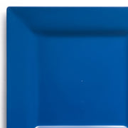 A 9.5-inch Midnight Blue Square Plastic Dinner Plate from the Kaya Collection is displayed against a plain white background. The plate features a straightforward design with smooth edges and a glossy finish, while its vibrant blue color prominently stands out against the stark white backdrop, making it perfect for your next gathering.