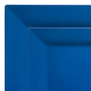 Introducing the Kaya Collection's Midnight Blue Square Plastic Dinnerware Value Set. This plate, crafted from durable plastic, boasts a glossy finish and features a raised rim with a slightly indented center. Perfect for modern dinnerware collections, its smooth edges and sleek design exude elegance and minimalism.