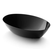 A sleek, contemporary Black Oval Plastic Serving Bowl (2 qt.) with smooth surfaces and a glossy finish, sitting on a white background. The bowl is empty and features a minimalist design, making it one of the most elegant serving bowls for any occasion.