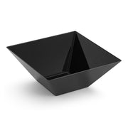 A sleek and contemporary Black Square Plastic Serving Bowl (3 qt.) featuring sharp, angular lines and a deep interior, set against a white background. This stylish serving bowl's minimalist design offers a modern appearance.